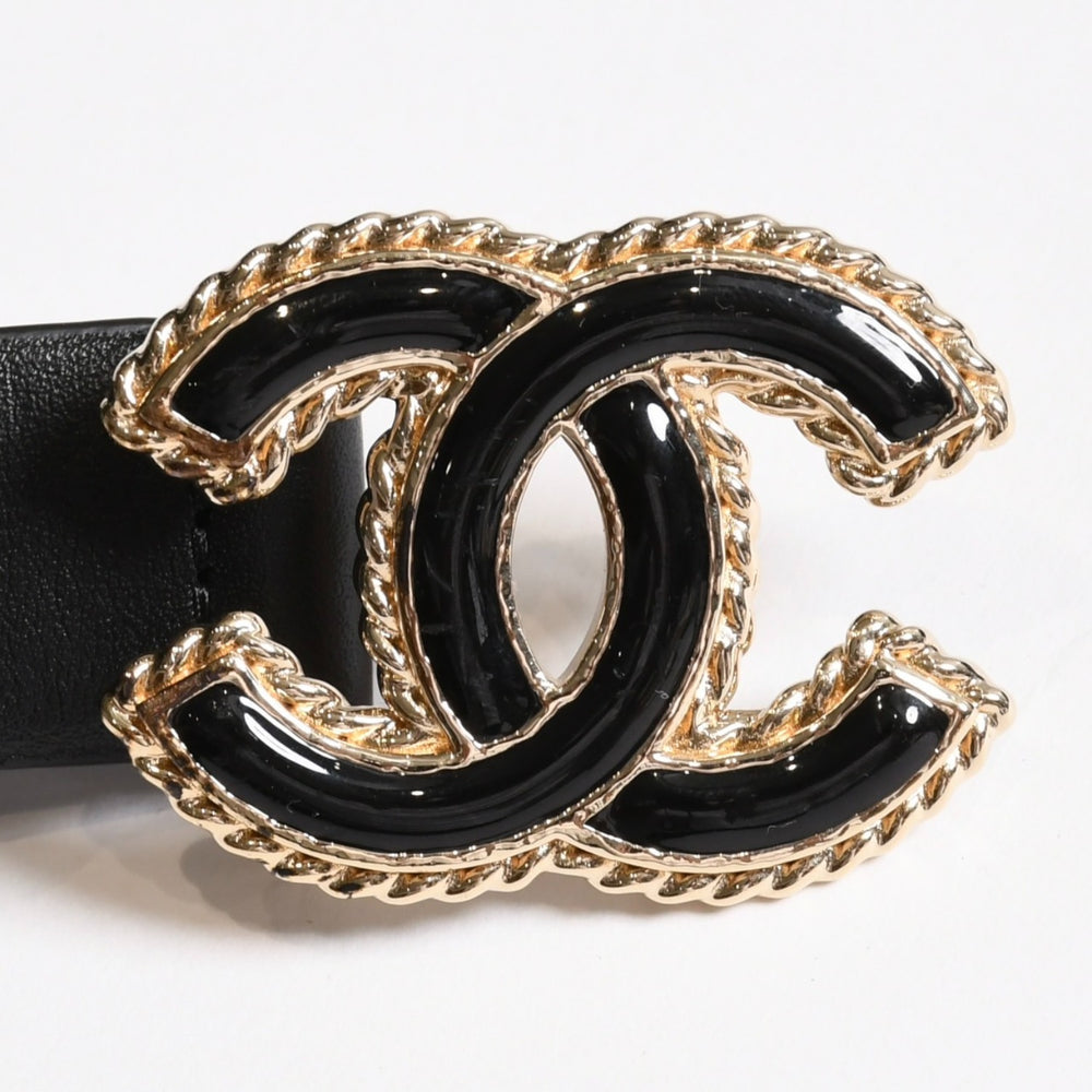 新品同様品 CHANEL シャネル ココマークバックルレザーベルト 30インチ カーフスキン F24 P刻印 メタルフレーム 2023年 ファッション小物 アクセサリー ブラック ココマーク 中古 4a003608