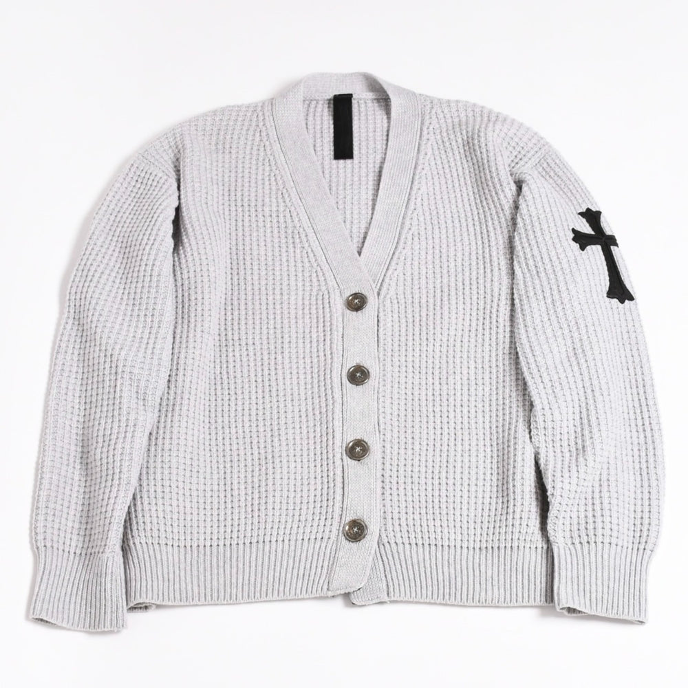 Brand new, unused CHROME HEARTS "HIT&RUN Leather Cross Patch Cashmere Blend Waffle Knit Cardigan, Cashmere, Sterling Silver 925, Used, 4a003754