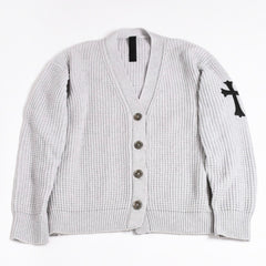 新品未使用 CHROME HEARTS クロムハーツ 「HIT&RUN」レザークロスパッチカシミヤ混ワッフルニットカーディガン カシミヤ シルバー925 中古 4a003754