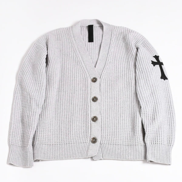 新品未使用 CHROME HEARTS クロムハーツ 「HIT&RUN」レザークロスパッチカシミヤ混ワッフルニットカーディガン カシミヤ シルバー925 中古 4a003754