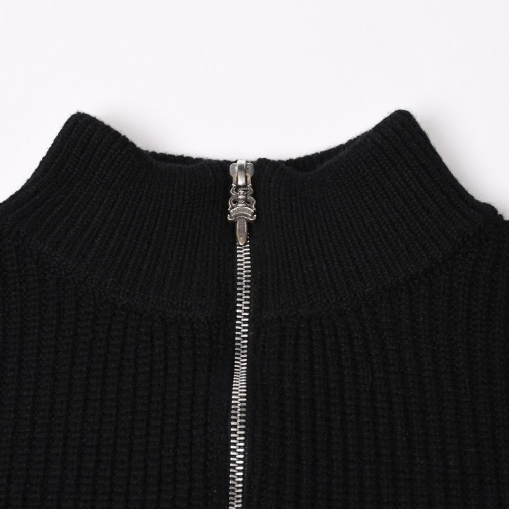 新品未使用 CHROME HEARTS クロムハーツ ハーフジップニットセーター カシミヤ シルバー925 Mサイズ ニット ラムレザー ダガー CHクロスパッチ スクロールラベル 中古 4a003755