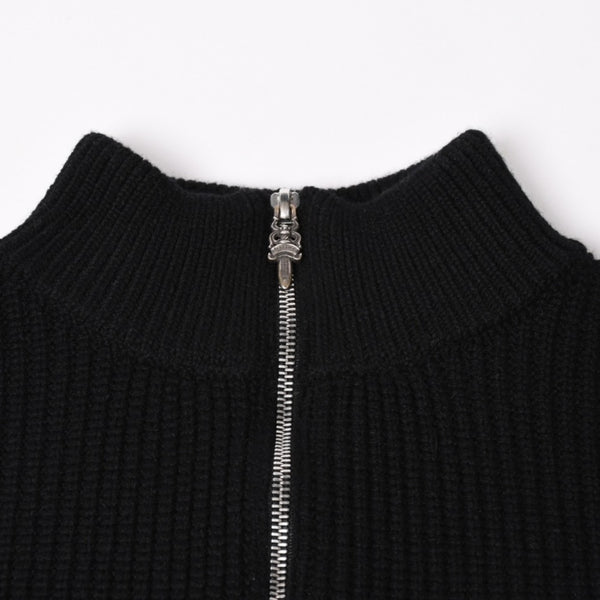 新品未使用 CHROME HEARTS クロムハーツ ハーフジップニットセーター カシミヤ シルバー925 Mサイズ ニット ラムレザー ダガー CHクロスパッチ スクロールラベル 中古 4a003755