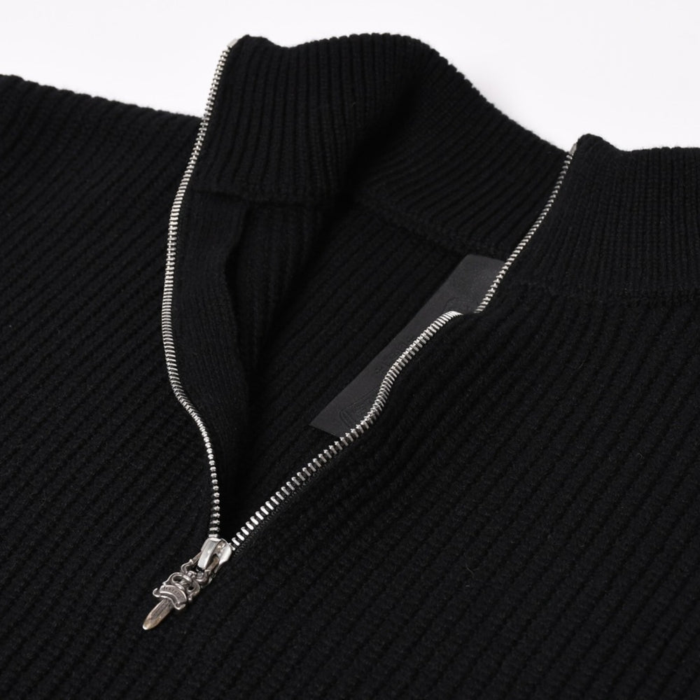 新品未使用 CHROME HEARTS クロムハーツ ハーフジップニットセーター カシミヤ シルバー925 Mサイズ ニット ラムレザー ダガー CHクロスパッチ スクロールラベル 中古 4a003755