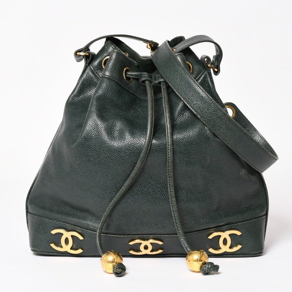 CHANEL Triple Coco Caviar Skin Drawstring Shoulder Bag Bucket Bag Dark Green Coco Mark Gold Hardware Good Condition Used 4a003715