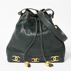 CHANEL Triple Coco Caviar Skin Drawstring Shoulder Bag Bucket Bag Dark Green Coco Mark Gold Hardware Good Condition Used 4a003715