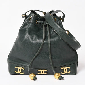 CHANEL Triple Coco Caviar Skin Drawstring Shoulder Bag Bucket Bag Dark Green Coco Mark Gold Hardware Good Condition Used 4a003715