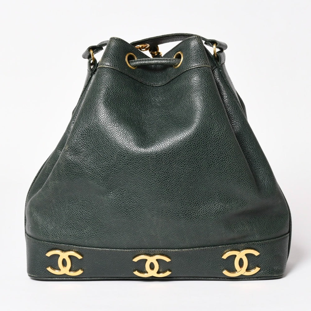CHANEL Triple Coco Caviar Skin Drawstring Shoulder Bag Bucket Bag Dark Green Coco Mark Gold Hardware Good Condition Used 4a003715