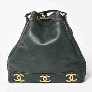 CHANEL Triple Coco Caviar Skin Drawstring Shoulder Bag Bucket Bag Dark Green Coco Mark Gold Hardware Good Condition Used 4a003715
