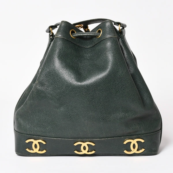 CHANEL Triple Coco Caviar Skin Drawstring Shoulder Bag Bucket Bag Dark Green Coco Mark Gold Hardware Good Condition Used 4a003715
