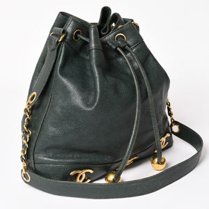 CHANEL Triple Coco Caviar Skin Drawstring Shoulder Bag Bucket Bag Dark Green Coco Mark Gold Hardware Good Condition Used 4a003715