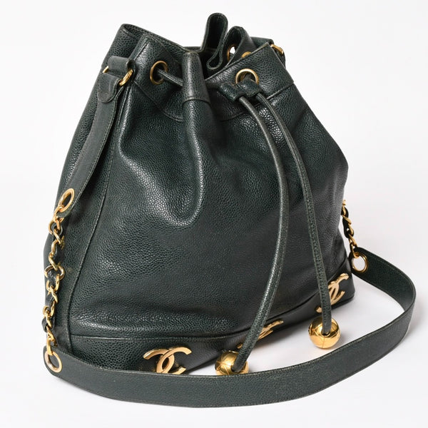 CHANEL Triple Coco Caviar Skin Drawstring Shoulder Bag Bucket Bag Dark Green Coco Mark Gold Hardware Good Condition Used 4a003715