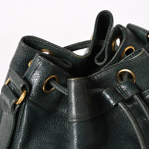 CHANEL Triple Coco Caviar Skin Drawstring Shoulder Bag Bucket Bag Dark Green Coco Mark Gold Hardware Good Condition Used 4a003715