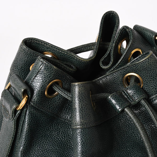 CHANEL Triple Coco Caviar Skin Drawstring Shoulder Bag Bucket Bag Dark Green Coco Mark Gold Hardware Good Condition Used 4a003715
