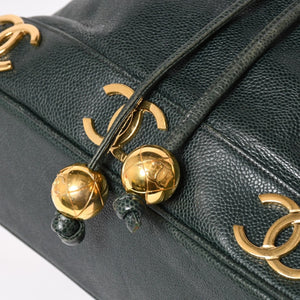 CHANEL Triple Coco Caviar Skin Drawstring Shoulder Bag Bucket Bag Dark Green Coco Mark Gold Hardware Good Condition Used 4a003715