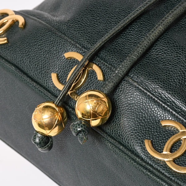 CHANEL Triple Coco Caviar Skin Drawstring Shoulder Bag Bucket Bag Dark Green Coco Mark Gold Hardware Good Condition Used 4a003715