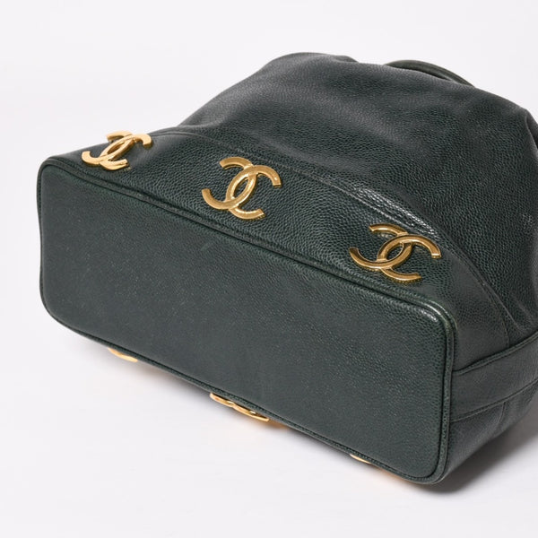 CHANEL Triple Coco Caviar Skin Drawstring Shoulder Bag Bucket Bag Dark Green Coco Mark Gold Hardware Good Condition Used 4a003715