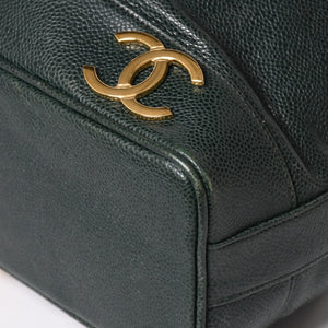 CHANEL Triple Coco Caviar Skin Drawstring Shoulder Bag Bucket Bag Dark Green Coco Mark Gold Hardware Good Condition Used 4a003715