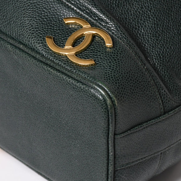 CHANEL Triple Coco Caviar Skin Drawstring Shoulder Bag Bucket Bag Dark Green Coco Mark Gold Hardware Good Condition Used 4a003715