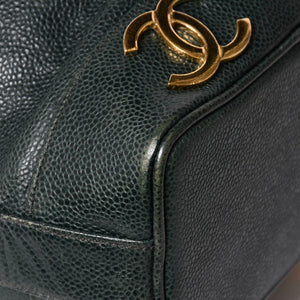 CHANEL Triple Coco Caviar Skin Drawstring Shoulder Bag Bucket Bag Dark Green Coco Mark Gold Hardware Good Condition Used 4a003715