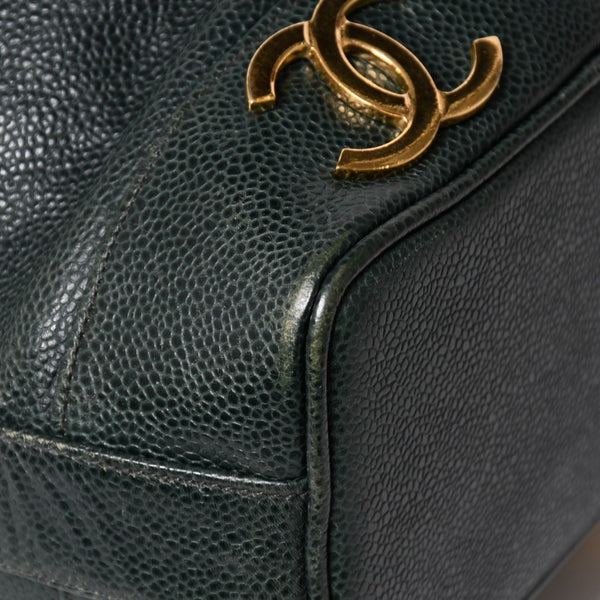 CHANEL Triple Coco Caviar Skin Drawstring Shoulder Bag Bucket Bag Dark Green Coco Mark Gold Hardware Good Condition Used 4a003715