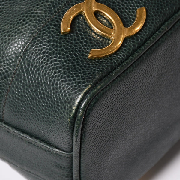 CHANEL Triple Coco Caviar Skin Drawstring Shoulder Bag Bucket Bag Dark Green Coco Mark Gold Hardware Good Condition Used 4a003715