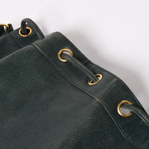 CHANEL Triple Coco Caviar Skin Drawstring Shoulder Bag Bucket Bag Dark Green Coco Mark Gold Hardware Good Condition Used 4a003715