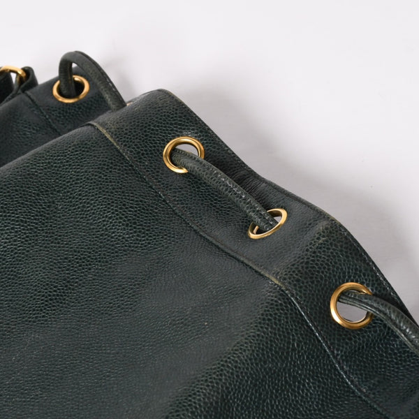 CHANEL Triple Coco Caviar Skin Drawstring Shoulder Bag Bucket Bag Dark Green Coco Mark Gold Hardware Good Condition Used 4a003715