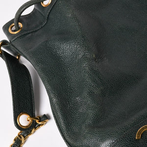 CHANEL Triple Coco Caviar Skin Drawstring Shoulder Bag Bucket Bag Dark Green Coco Mark Gold Hardware Good Condition Used 4a003715