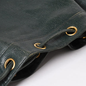 CHANEL Triple Coco Caviar Skin Drawstring Shoulder Bag Bucket Bag Dark Green Coco Mark Gold Hardware Good Condition Used 4a003715