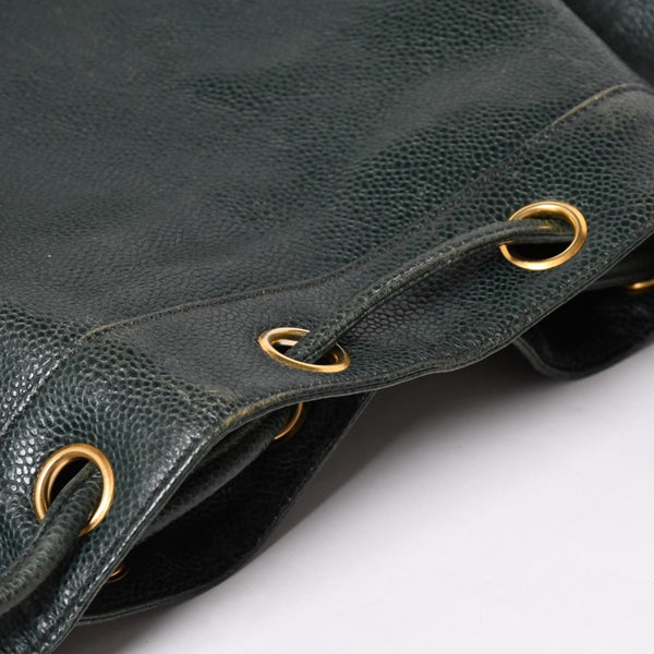 CHANEL Triple Coco Caviar Skin Drawstring Shoulder Bag Bucket Bag Dark Green Coco Mark Gold Hardware Good Condition Used 4a003715