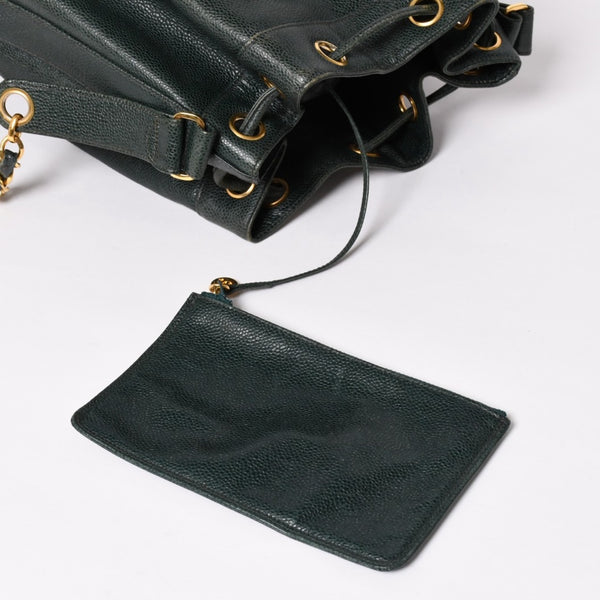 CHANEL Triple Coco Caviar Skin Drawstring Shoulder Bag Bucket Bag Dark Green Coco Mark Gold Hardware Good Condition Used 4a003715