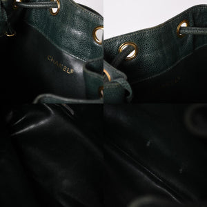 CHANEL Triple Coco Caviar Skin Drawstring Shoulder Bag Bucket Bag Dark Green Coco Mark Gold Hardware Good Condition Used 4a003715