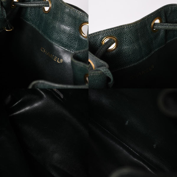 CHANEL Triple Coco Caviar Skin Drawstring Shoulder Bag Bucket Bag Dark Green Coco Mark Gold Hardware Good Condition Used 4a003715