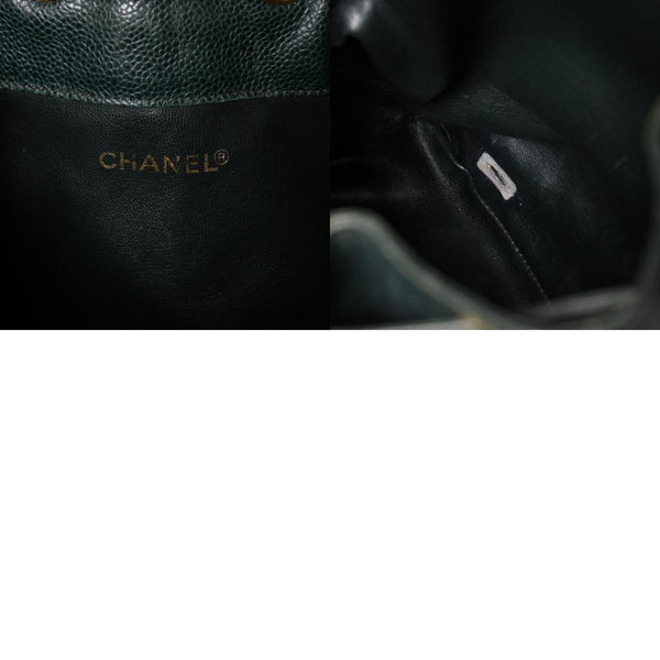 CHANEL Triple Coco Caviar Skin Drawstring Shoulder Bag Bucket Bag Dark Green Coco Mark Gold Hardware Good Condition Used 4a003715