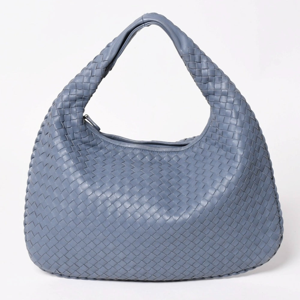 BOTTEGA VENETA ボッテガヴェネタ イントレチャート ホーボーバッグ ハンドバッグ ブルーグレー ブラックメタル ラムスキン WS25832 美品 中古 4a003450