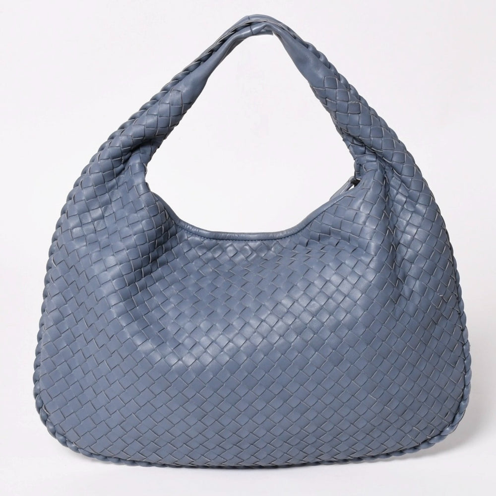 BOTTEGA VENETA ボッテガヴェネタ イントレチャート ホーボーバッグ ハンドバッグ ブルーグレー ブラックメタル ラムスキン WS25832 美品 中古 4a003450