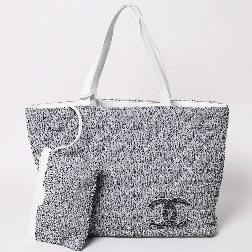 極美品 CHANEL シャネル クルーズコレクション パイル ビーチバッグ テリークロス ココマーク ホワイト グレー トートバッグ A73336 中古 4a003517