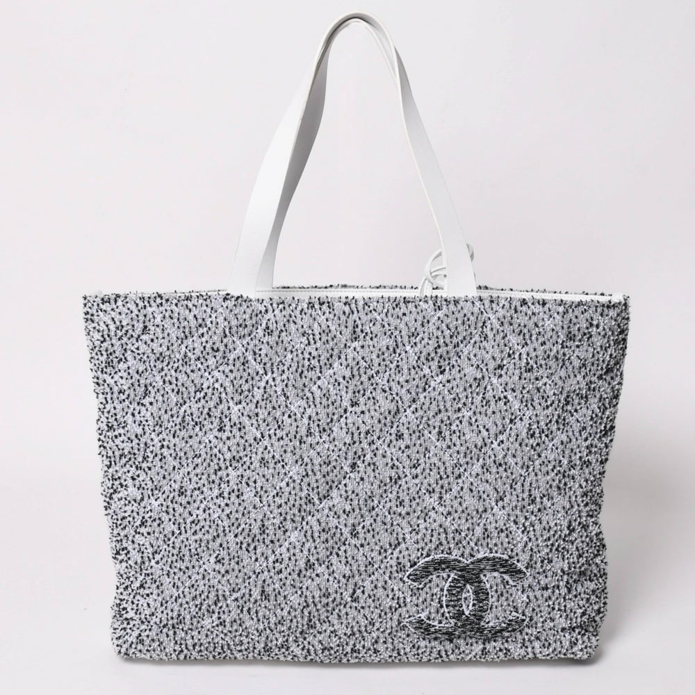 極美品 CHANEL シャネル クルーズコレクション パイル ビーチバッグ テリークロス ココマーク ホワイト グレー トートバッグ A73336 中古 4a003517