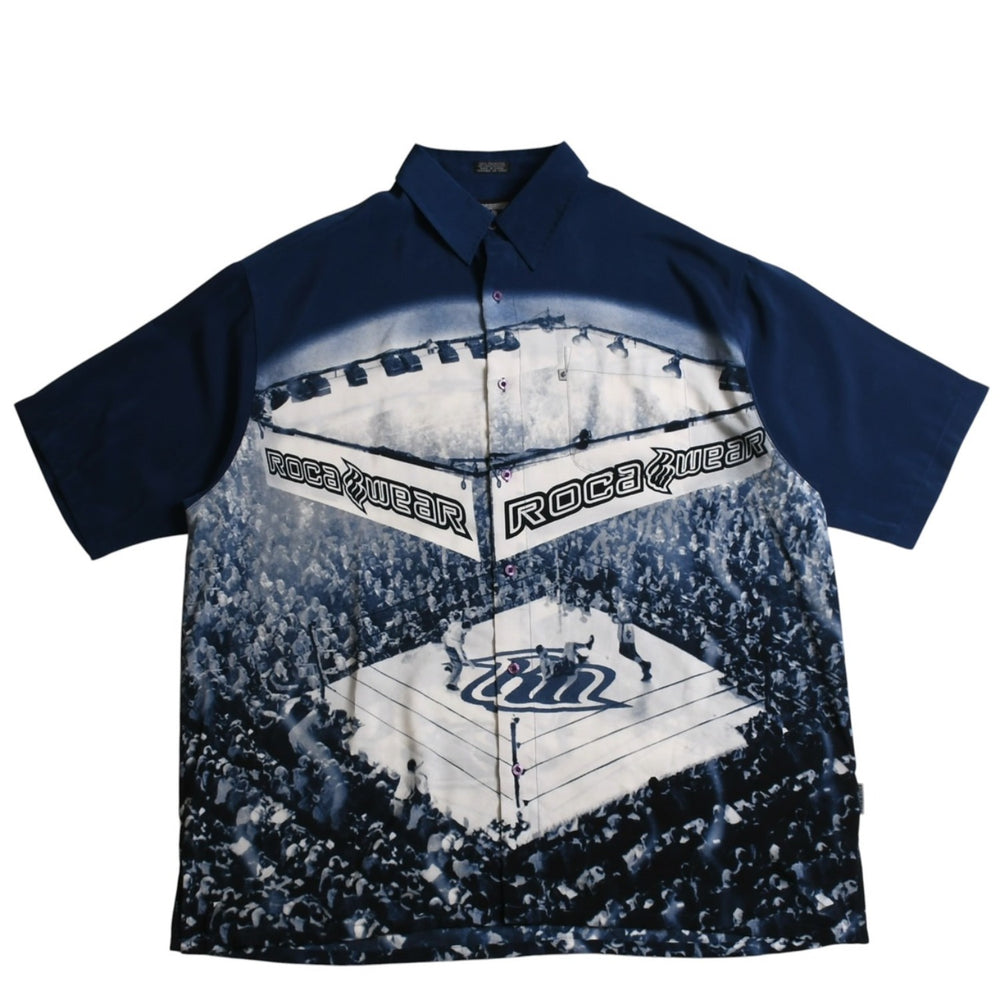 極美品 ROCAWEAR ロカウェア BOXING ボクシングリング柄 ブルー ホワイト ネイビー 総柄 シャツ 半袖シャツ サイズXXL 中古 4a002724