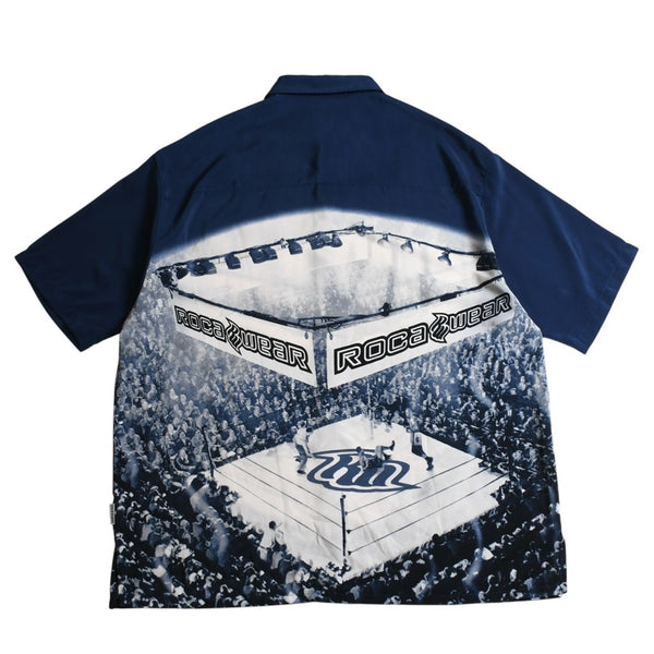 Very Good Condition ROCAWEAR BOXING Boxing Ring Pattern Blue White Navy All Over Pattern Shirt Short Sleeve Shirt Size XXL Used 4a002724