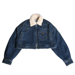 Very Good Condition PRADA Cropped Padded Denim Jacket Triangle Logo Size 36 CN160/72 A Used 4a001437