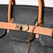 Load image into Gallery viewer, HERMES エルメス オータクロア60 ハンドバッグ ○T刻印 フィヨルド ヴォーシャモニー ブラック ナチュラル ゴールド金具 美品 中古 4a003635