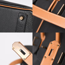 Load image into Gallery viewer, HERMES エルメス オータクロア60 ハンドバッグ ○T刻印 フィヨルド ヴォーシャモニー ブラック ナチュラル ゴールド金具 美品 中古 4a003635