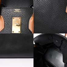 Load image into Gallery viewer, HERMES エルメス オータクロア60 ハンドバッグ ○T刻印 フィヨルド ヴォーシャモニー ブラック ナチュラル ゴールド金具 美品 中古 4a003635