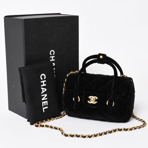 Like new CHANEL Chanel Matelasse Velvet Mini Bowling 2way Bag Mini Boston Bag Random Number Velvet Leather Black Gold Hardware Used 4a003638