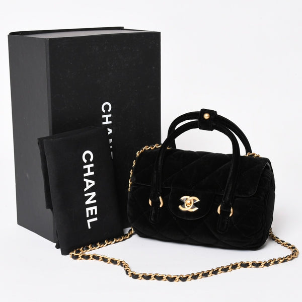 Like new CHANEL Chanel Matelasse Velvet Mini Bowling 2way Bag Mini Boston Bag Random Number Velvet Leather Black Gold Hardware Used 4a003638