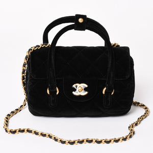 Like new CHANEL Chanel Matelasse Velvet Mini Bowling 2way Bag Mini Boston Bag Random Number Velvet Leather Black Gold Hardware Used 4a003638