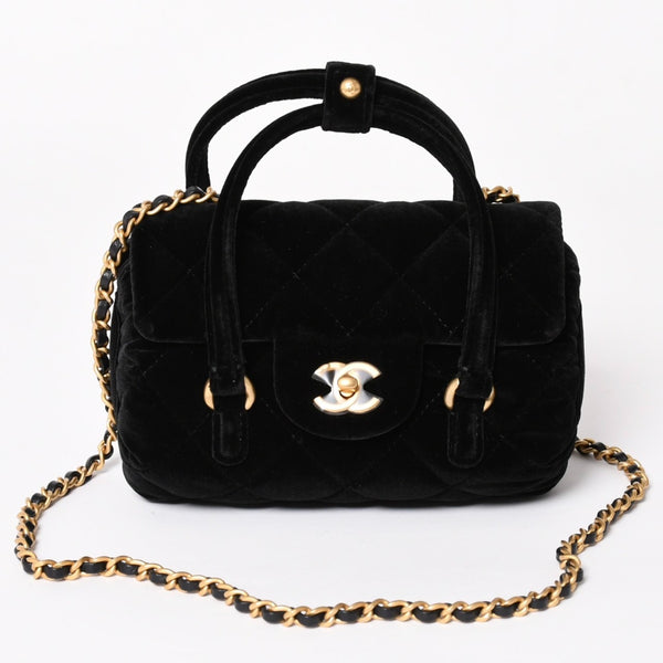Like new CHANEL Chanel Matelasse Velvet Mini Bowling 2way Bag Mini Boston Bag Random Number Velvet Leather Black Gold Hardware Used 4a003638