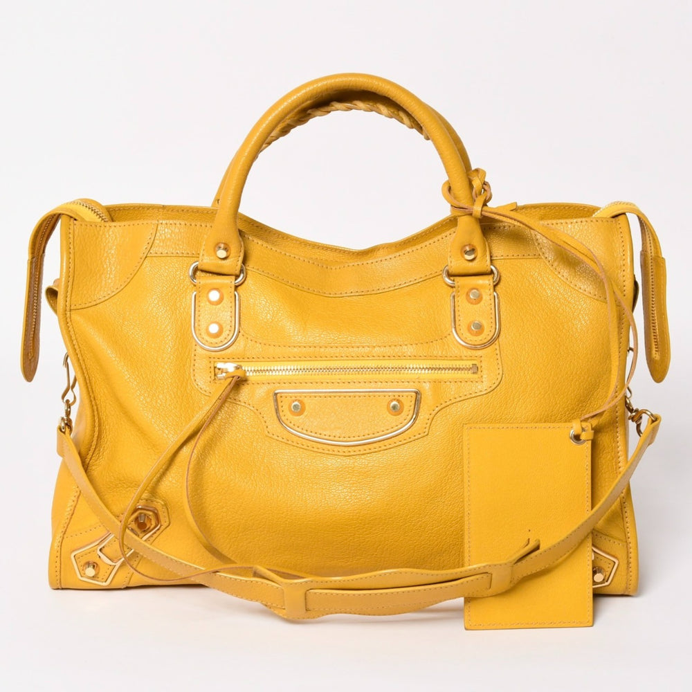 BALENCIAGA バレンシアガ クラシック メタリック エッジ シティ ハンドバッグ ショルダーバッグ 390154 ゴートスキン イエロー ゴールド金具 スタッズ 2way 美品 中古 4a003657