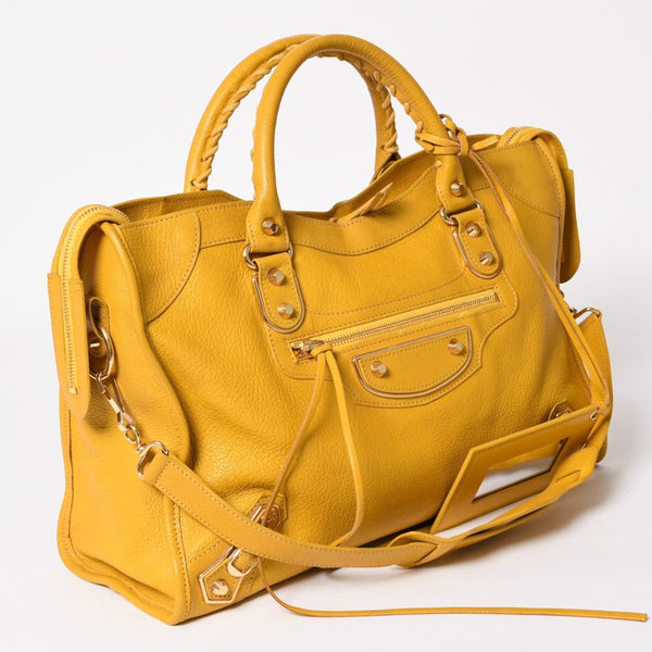 BALENCIAGA Classic Metallic Edge City Handbag Shoulder Bag 390154 Goatskin Yellow Gold Hardware Studs 2way Good Condition Used 4a003657